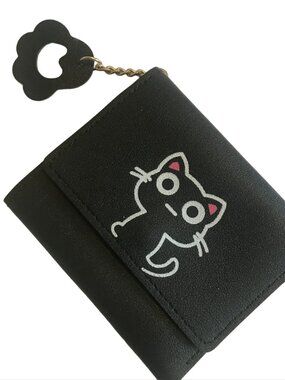 Kawaii Black Cat Trifold Wallet with Flower Charm & Keychain